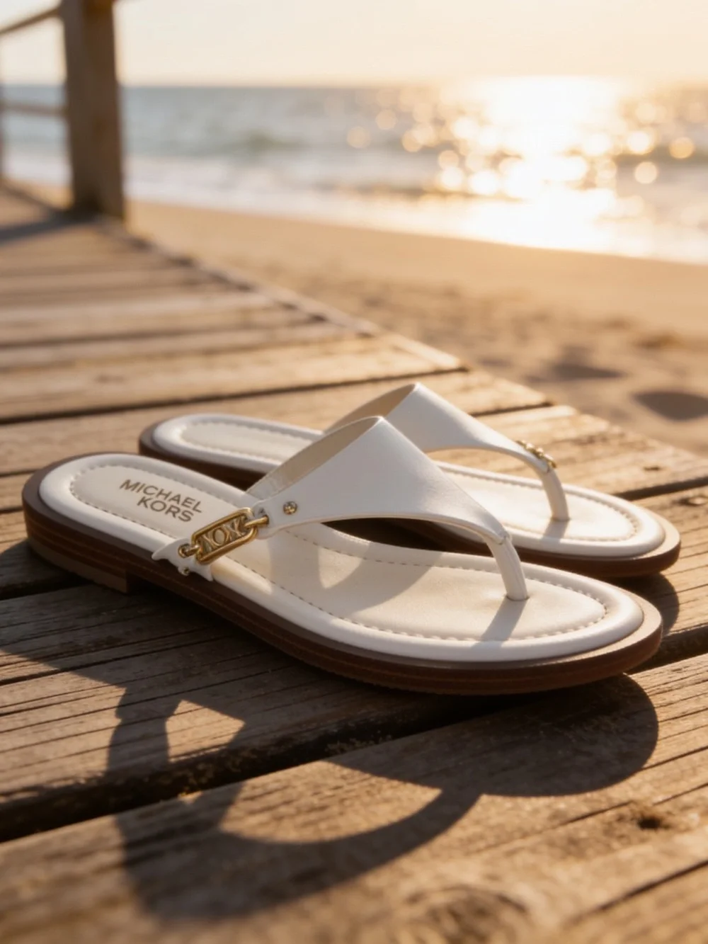 MICHAEL Michael Kors White Leather Thong Sandals Gold Logo Size 8M